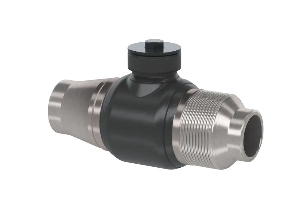Kugelhahn von Danfoss mit zwei Anschlussenden, einem runden Drehgriff und einem zentralen Gehäuse, geeignet für die Steuerung von Flüssigkeiten in Rohrsystemen.